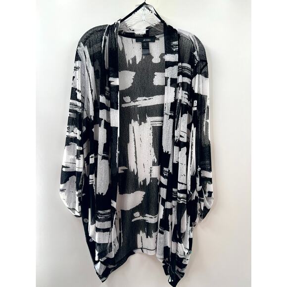 Ali Miles Women's Black White Abstract Roll Tab Sleeve Open Front Cardigan Sz XL - Picture 1 of 9
